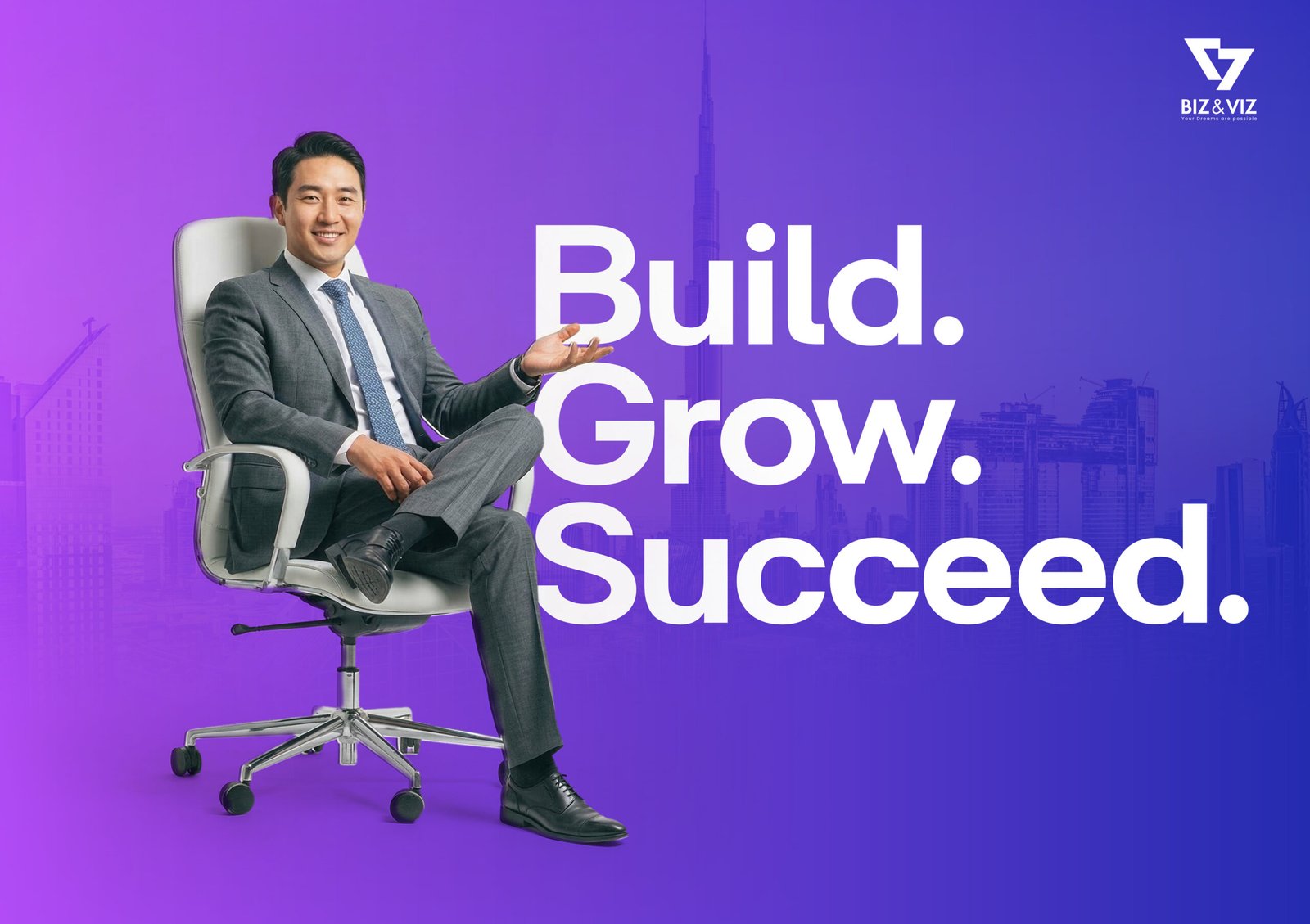 Professional business person sitting confidently with Biz & Viz branding and the slogan Build Grow Succeed