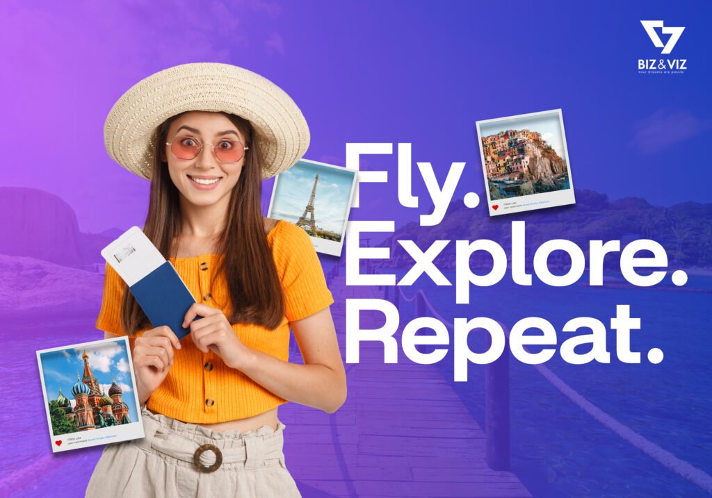 Traveler holding passport with global landmarks and the Biz & Viz Fly Explore Repeat travel slogan
