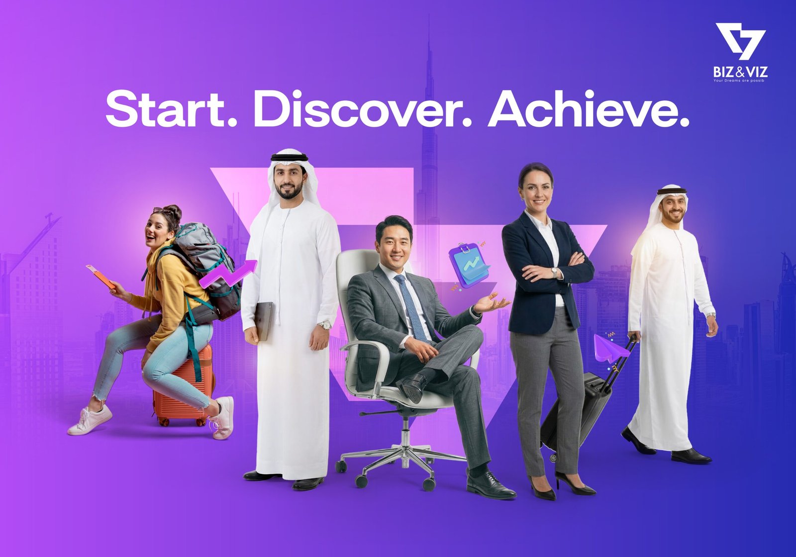 Group of diverse professionals and travelers standing against a purple Dubai skyline with Biz & Viz branding.